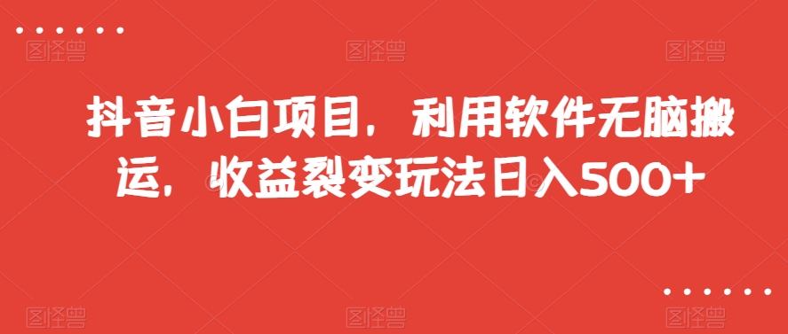 抖音小白项目，利用软件无脑搬运，收益裂变玩法日入500+【揭秘】-第一资源库