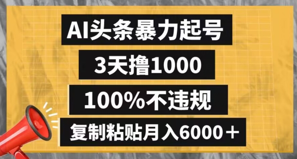 AI头条暴力起号，3天撸1000,100%不违规，复制粘贴月入6000＋【揭秘】-第一资源库