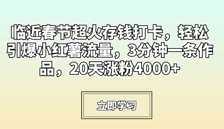 临近春节超火存钱打卡，轻松引爆小红薯流量，3分钟一条作品，20天涨粉4000+【揭秘】-第一资源库