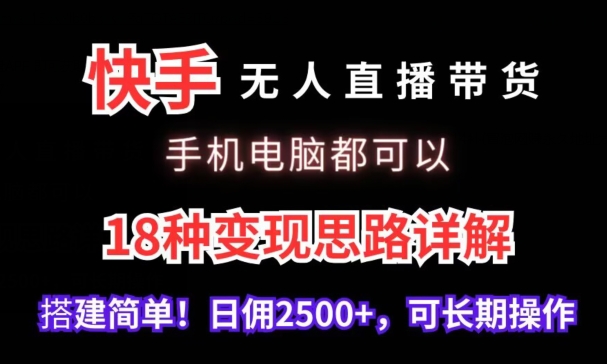 快手无人直播带货，手机电脑都可以，18种变现思路详解，搭建简单日佣2500+【揭秘】-第一资源库